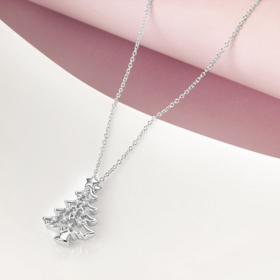 925 Sterling Silver Christmas Tree Pendant Necklace With Cubic Zirconia Christmas Gift - onlyone