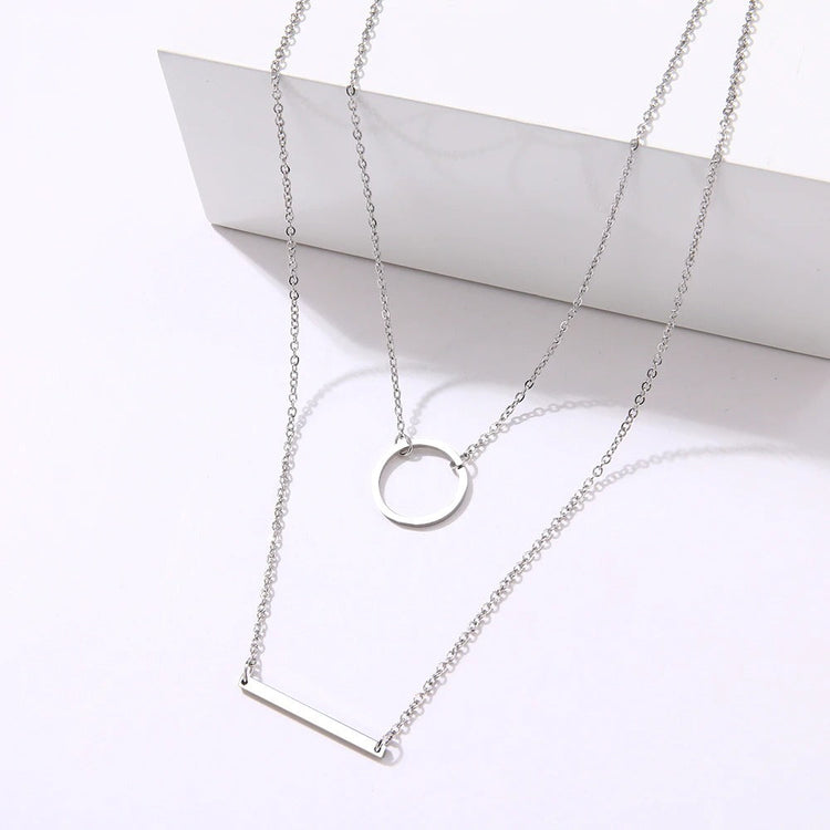 925 Sterling Silver Circle 3D Bar Double Layer Necklace, Delicate Layered Necklace For Woman