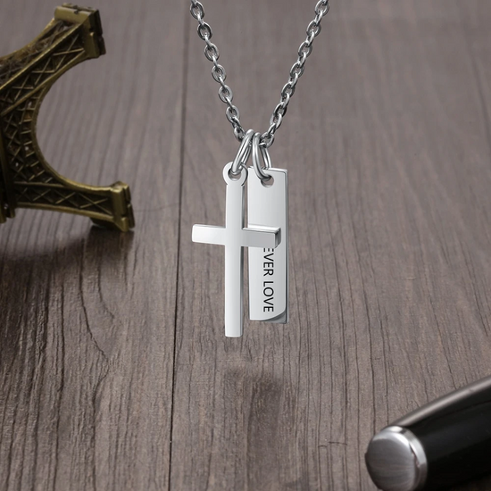 925 Sterling Silver Cross And Vertical Bar Necklace - onlyone