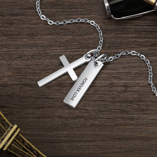 925 Sterling Silver Cross And Vertical Bar Necklace - onlyone