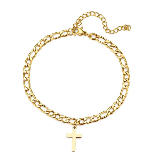 925 Sterling Silver Cross Anklet In Figaro Chain