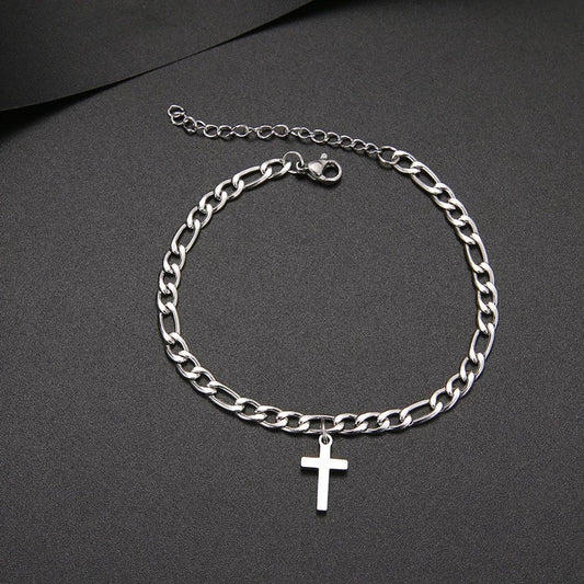 925 Sterling Silver Cross Anklet In Figaro Chain