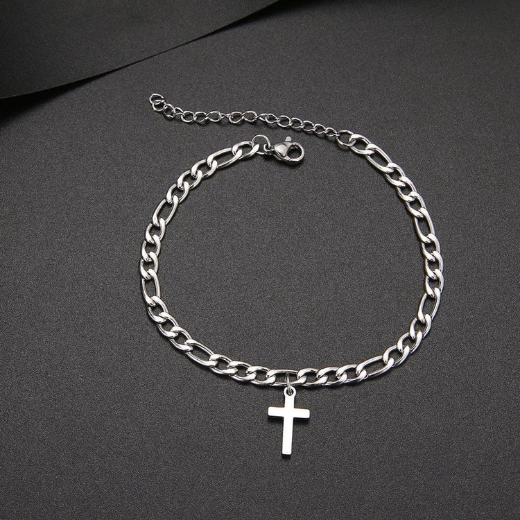925 Sterling Silver Cross Anklet In Figaro Chain