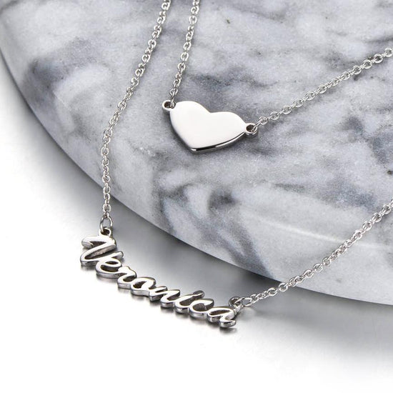 925 Sterling Silver Two Layers Heart Name Necklace Nameplate Necklace - onlyone