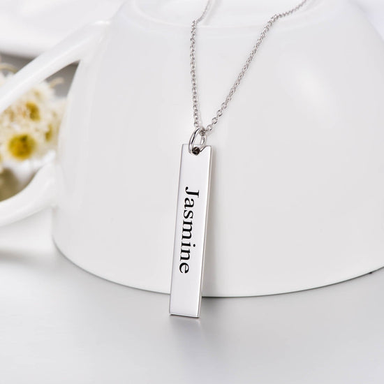 925 Sterling Silver Engraved Vertical Bar Name Necklace Nameplate Necklace - onlyone