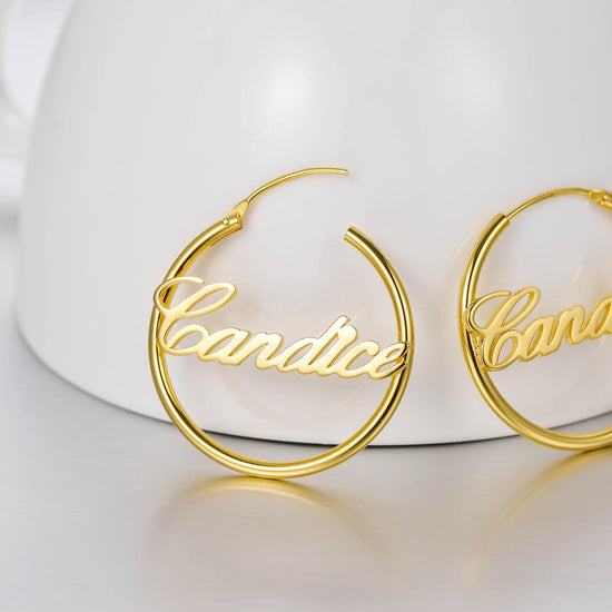 925 Sterling Silver Personalized Script Name Hoop Earrings Nameplate Earrings - onlyone