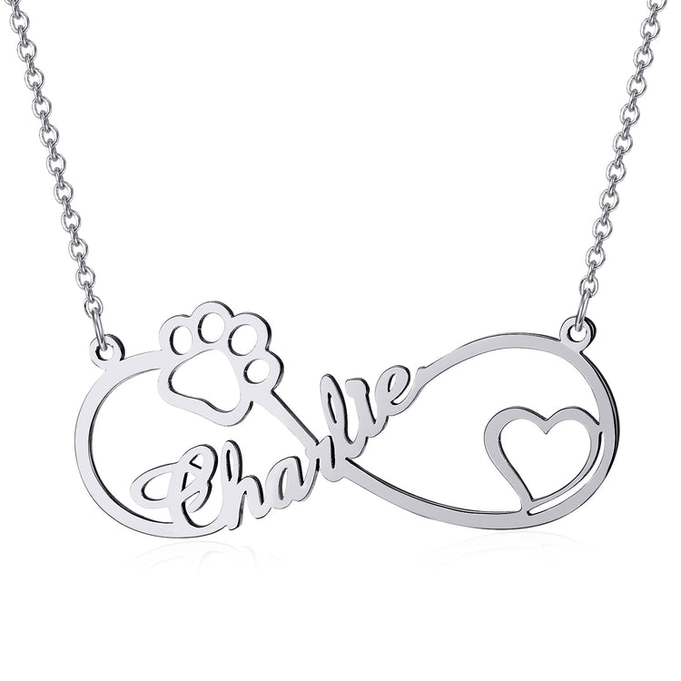 925 Sterling Silver Heart And Paw Infinity Name Necklace, Nameplated Necklace - onlyone
