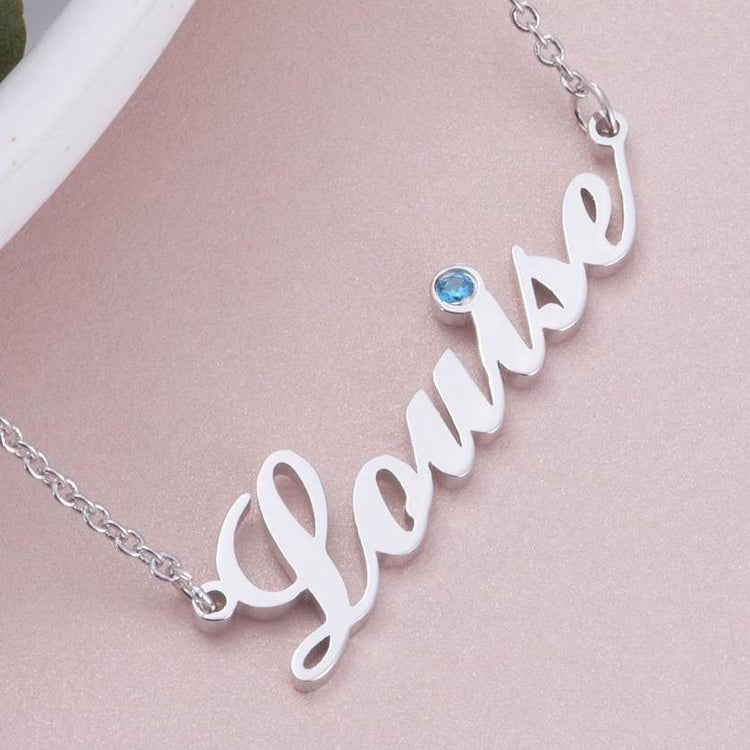 925 Sterling Silver Birthstone Signature Name Necklace "Louise style" Nameplate Necklace - onlyone