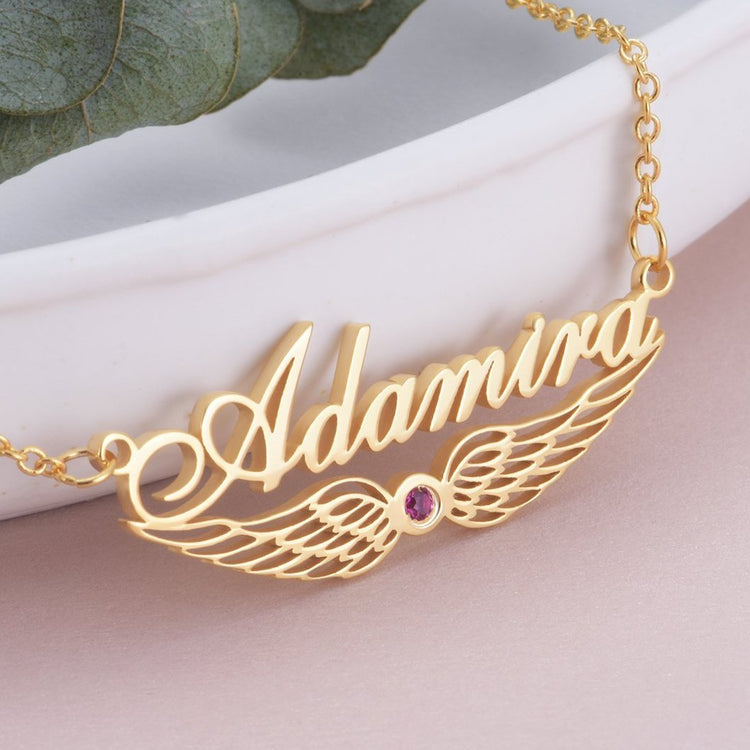 925 Sterling Silver Angel Wings Name Necklace Nameplate Necklace With Birthstone - onlyone