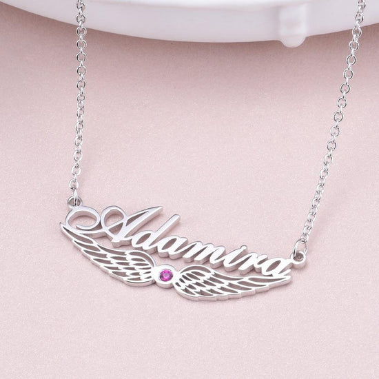 925 Sterling Silver Angel Wings Name Necklace Nameplate Necklace With Birthstone - onlyone
