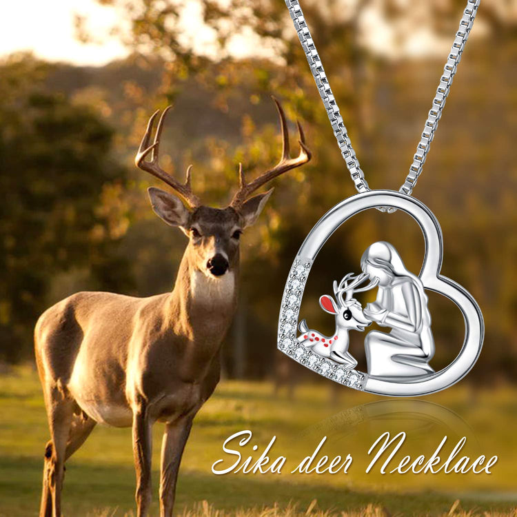 925 Sterling Silver Reindeer and Girl Heart Pendant Necklace