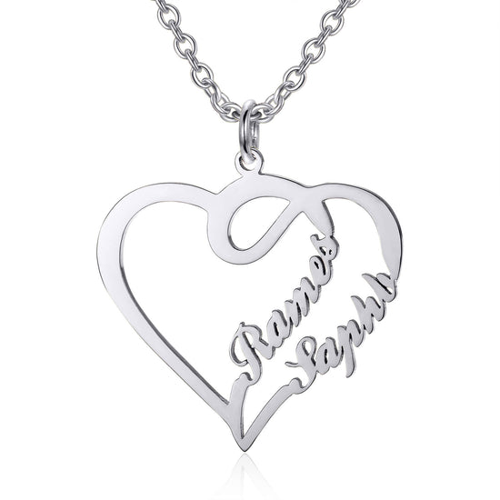 925 Sterling Silver Double Names Heart Name Necklace Nameplate Necklace - onlyone