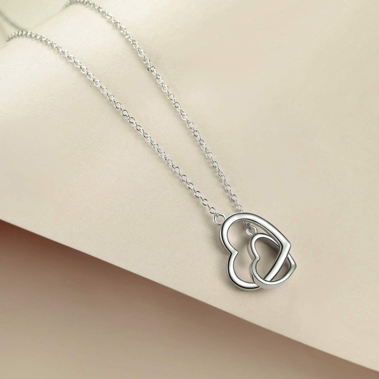 925 Sterling Silver Interlocked Double Hearts Love Entwined Necklace