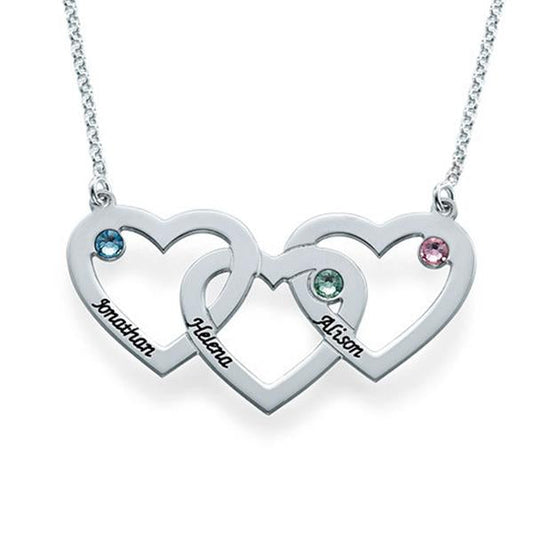 925 Sterling Silver Birthstone Engraved 3 Hearts Name Necklace, Birthday Gift, Gift For Her - onlyone