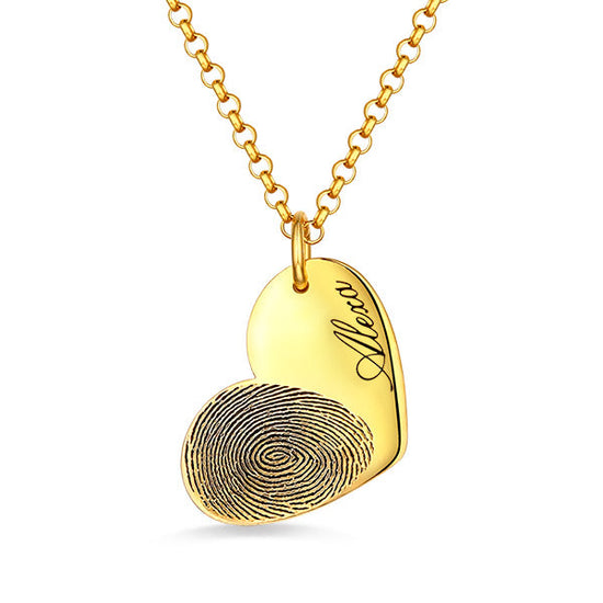 925 Sterling Silver Personalized Engraved Fingerprint Thumbprint Heart Name Necklace Nameplate Necklace - onlyone