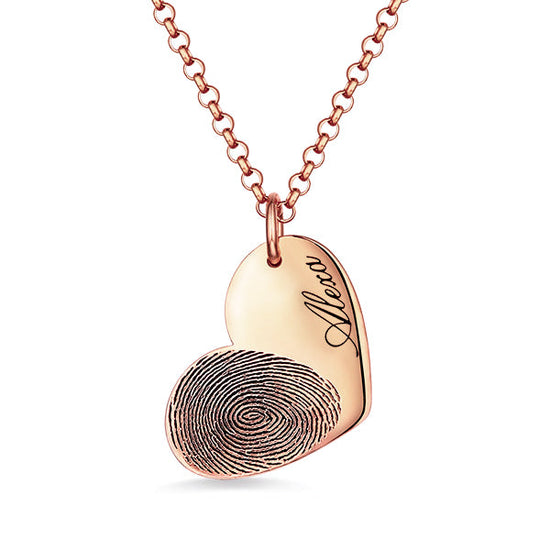 925 Sterling Silver Personalized Engraved Fingerprint Thumbprint Heart Name Necklace Nameplate Necklace - onlyone