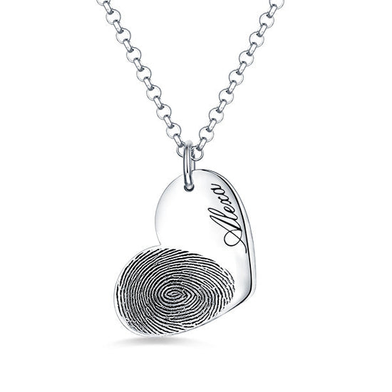 925 Sterling Silver Personalized Engraved Fingerprint Thumbprint Heart Name Necklace Nameplate Necklace - onlyone