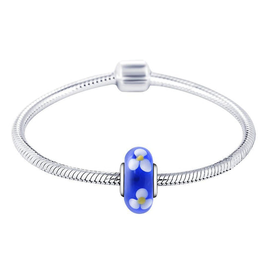 925 Sterling Silver Flower Blue Glass Charm for Bracelet and Necklace - onlyone