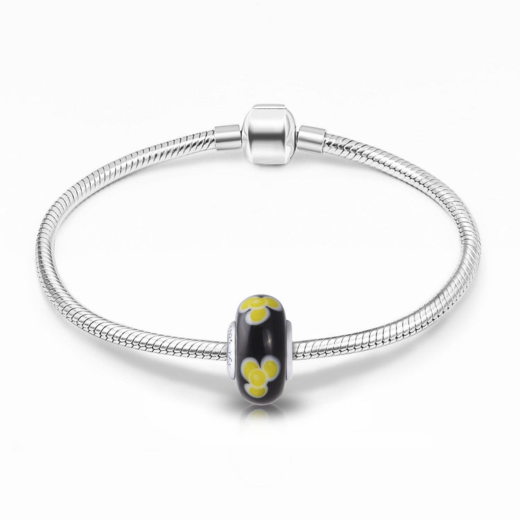 925 Sterling Silver Yellow Flower Black Glass Charm for Bracelet and Necklace - onlyone