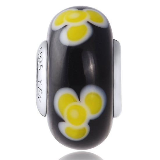 925 Sterling Silver Yellow Flower Black Glass Charm for Bracelet and Necklace - onlyone