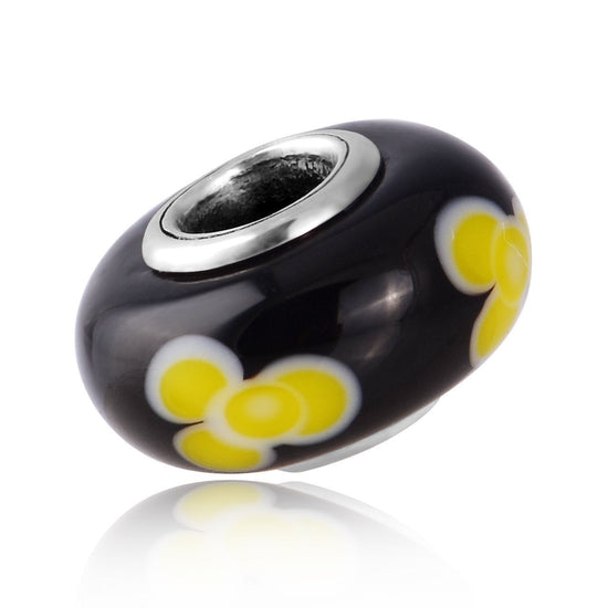 925 Sterling Silver Yellow Flower Black Glass Charm for Bracelet and Necklace - onlyone