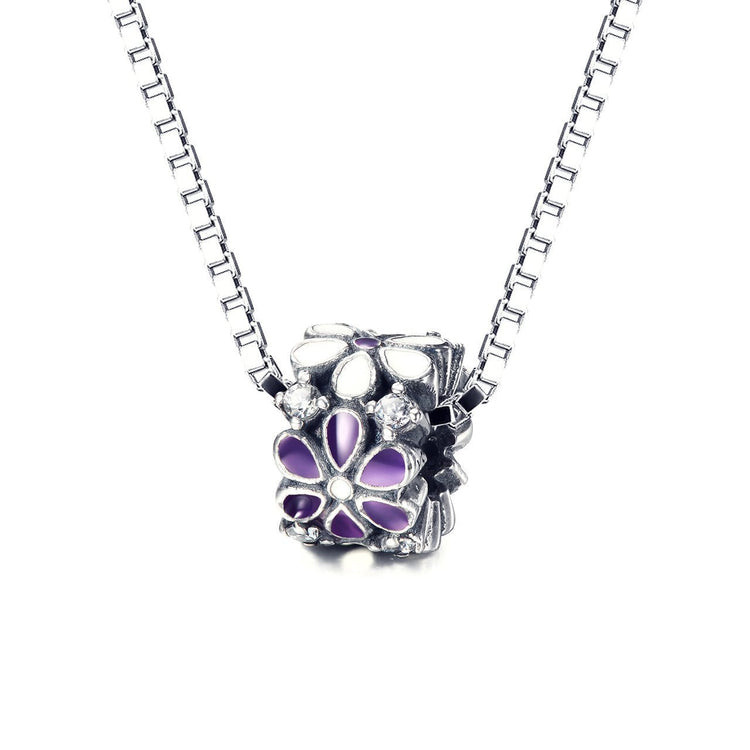 925 Sterling Silver Purple/White Flowers Rhinestones Charm For Bracelet and Necklace - onlyone