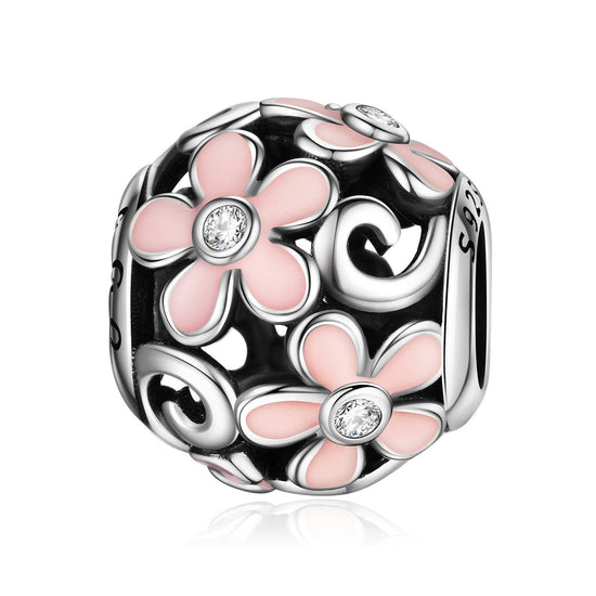 925 Sterling Silver Pink Flowers Charm Fit for Bracelet and Necklace - onlyone