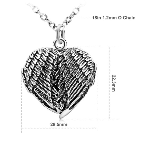 925 Sterling Silver Angel Wings Photo Locket Necklace, Retro Style Heart Shape Pendant Necklace - onlyone