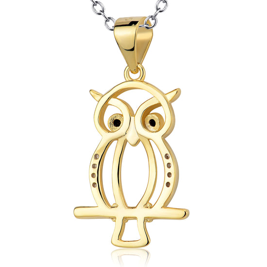 925 Sterling Silver Gold Halloween Owl On A Branch Necklace - onlyone