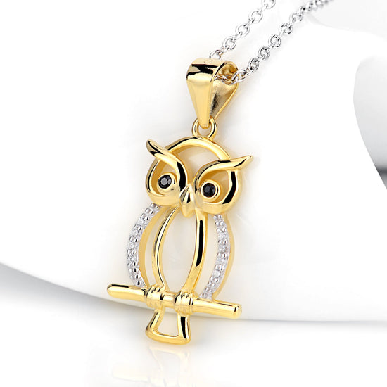 925 Sterling Silver Gold Halloween Owl On A Branch Necklace - onlyone