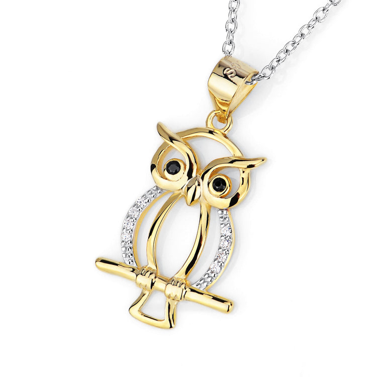 925 Sterling Silver Gold Halloween Owl On A Branch Necklace - onlyone
