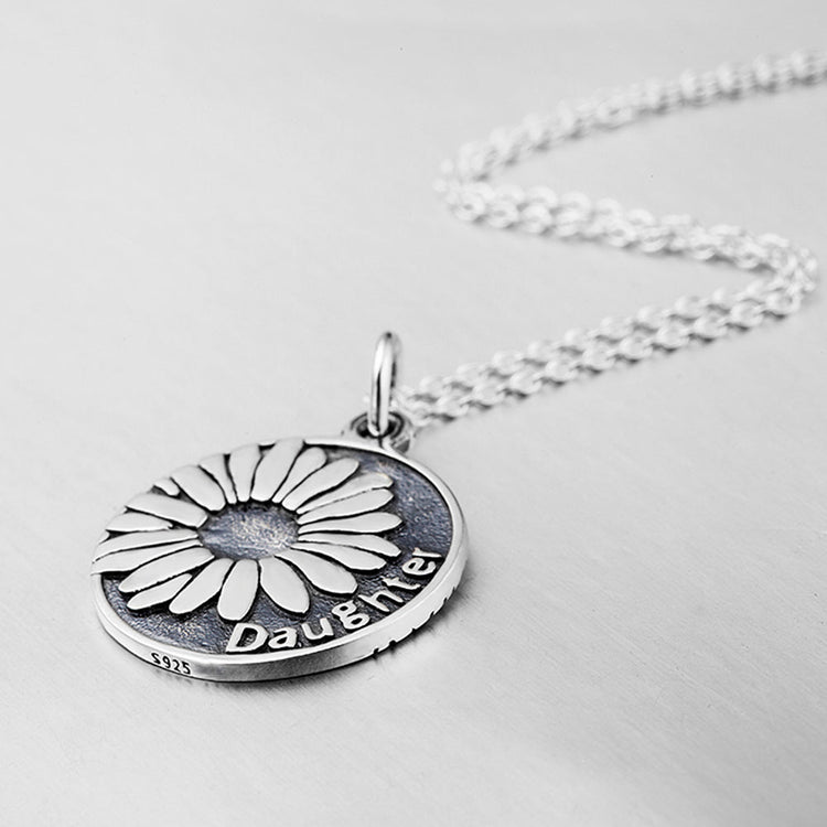 925 Sterling Silver Sunflower and Daughter Retro Round Pendant Necklace - onlyone