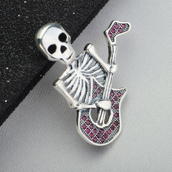 925 Sterling Silver Halloween Guitar Skull Necklace With Red Zircon - onlyone