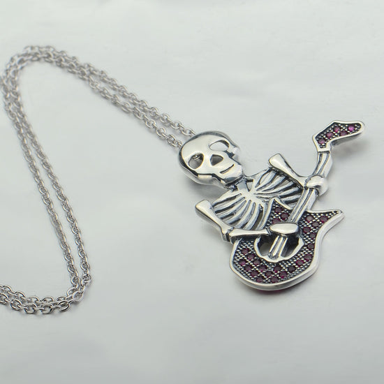 925 Sterling Silver Halloween Guitar Skull Necklace With Red Zircon - onlyone