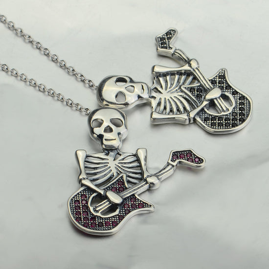 925 Sterling Silver Halloween Guitar Skull Necklace With Red Zircon - onlyone