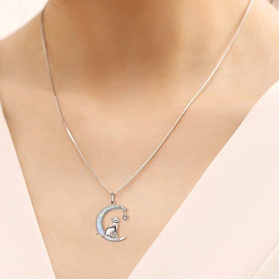 925 Sterling Silver Moon Cat Opal Fashion Necklace. Gift Necklace - onlyone