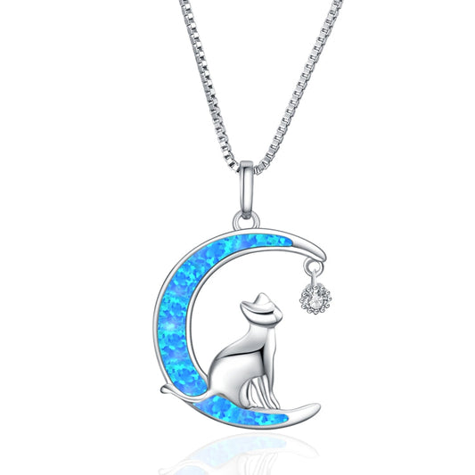 925 Sterling Silver Moon Cat Opal Fashion Necklace. Gift Necklace - onlyone
