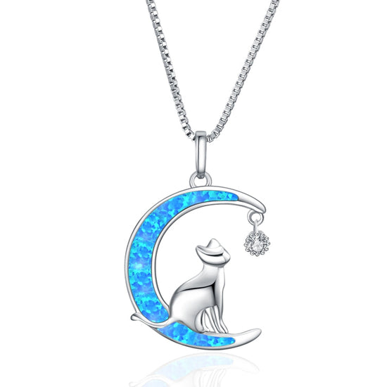 925 Sterling Silver Moon Cat Opal Fashion Necklace. Gift Necklace - onlyone