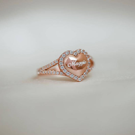 925 Sterling Silver Heart Signet Pave Ring, Custom Name Ring, Statement Ring, Heart Ring, Bridesmaid Jewelry - onlyone