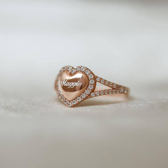 925 Sterling Silver Heart Signet Pave Ring, Custom Name Ring, Statement Ring, Heart Ring, Bridesmaid Jewelry - onlyone