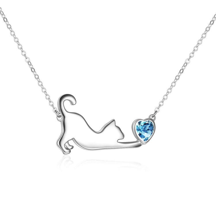 925 Sterling Silver Cat Playing Heart Necklace - onlyone