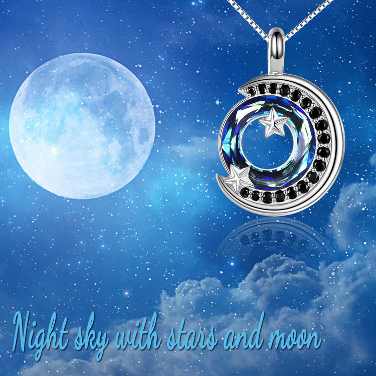 925 Sterling Silver Crescent Moon Sky Night With Crystal Necklace