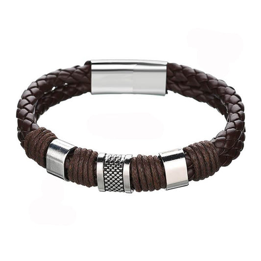 Knit Mens Leather Bracelet Brown Weave Black Punk Bracelet