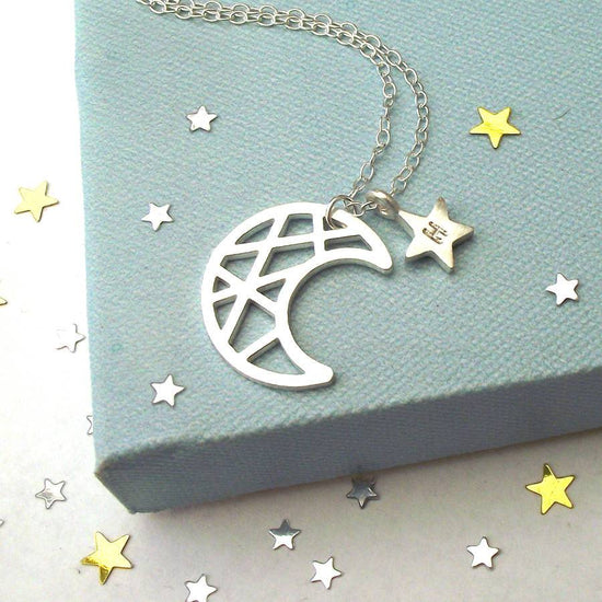 925 Sterling Silver Moon Star Engraved Initial Necklace - onlyone