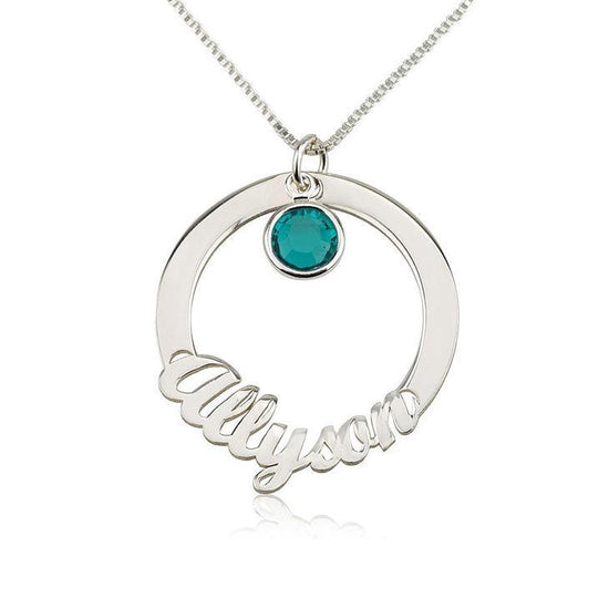 925 Sterling Silver Circle Engraved Name Necklace Nameplate Necklace With Birthstone - onlyone