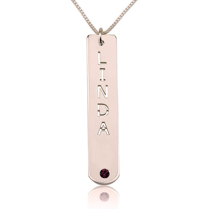 925 Sterling Silver Birthstone Vertical Hollow Engraved Bar Name Necklace Nameplate Necklace - onlyone