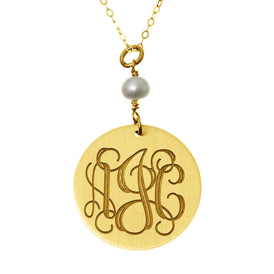 925 Sterling Silver Engraved Coin Monogram Necklace With Pearl - onlyone