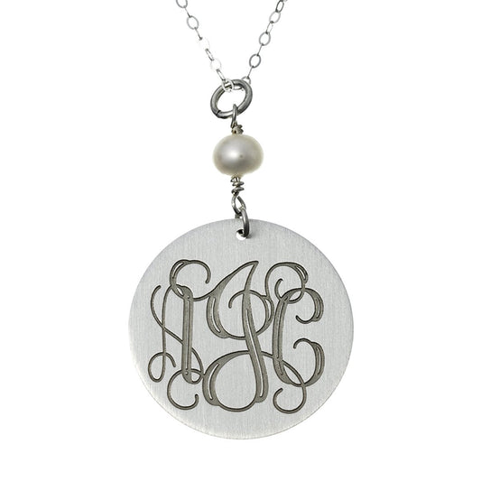 925 Sterling Silver Engraved Coin Monogram Necklace With Pearl - onlyone