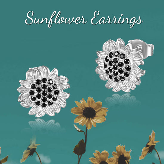 925 Sterling Silver Sunflower Stud Earrings With Zirconia Seed - onlyone