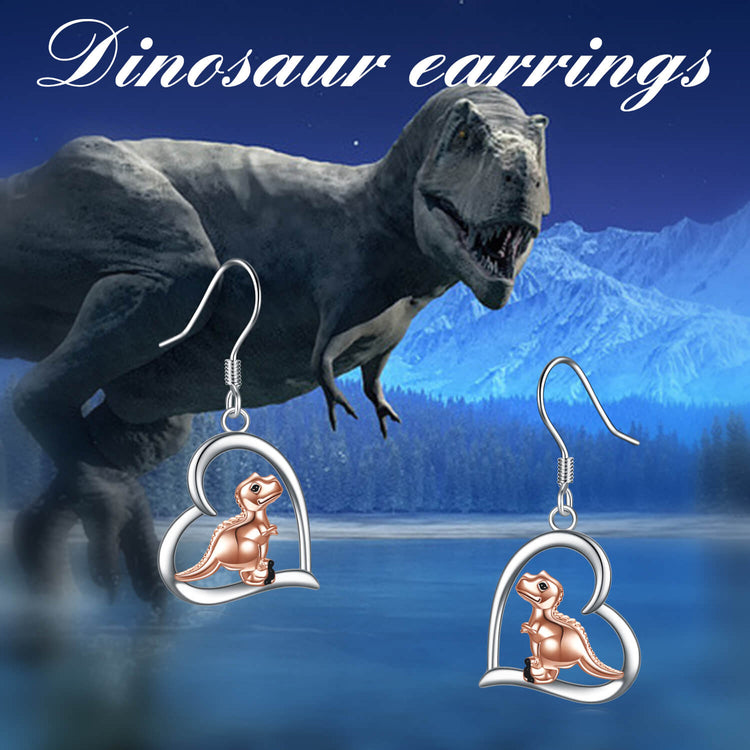 925 Sterling Silver Heart Dinosaur Dangle Drop Earrings
